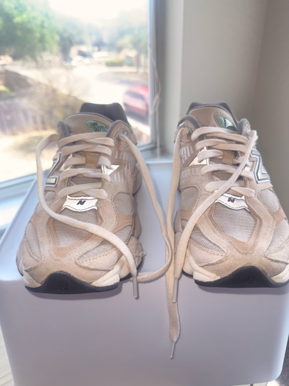 New Balance Beige and White Running Sneakers